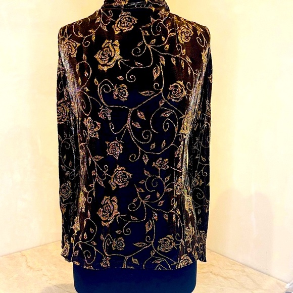 Fashion Classic Tops - Elegant Gold Rose Print Mock Neck Blouse – Long Sleeve Size 8-10 M/L NWOT